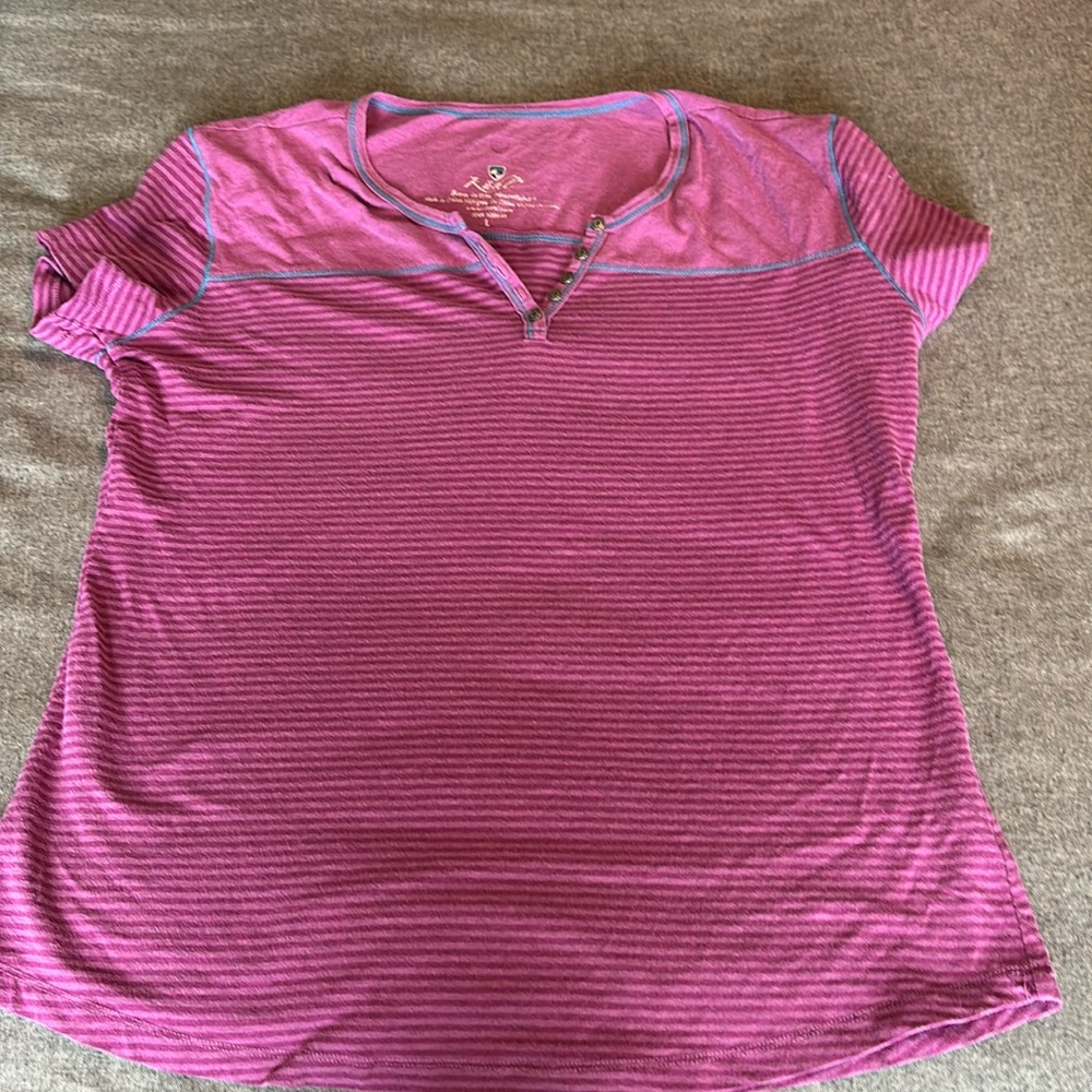 Kuhl Organic Cotton Blend Striped Pink & Purple Tee size Large